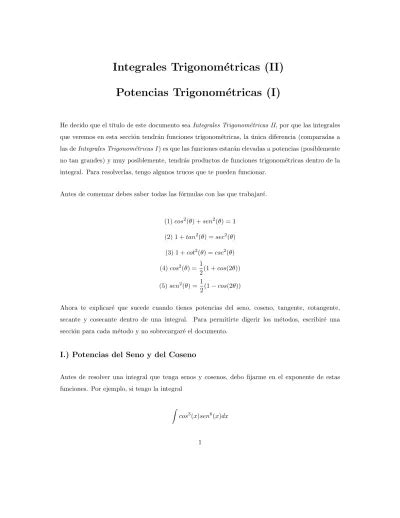 Integrales Trigonom Tricas Ii Potencias Trigonom Tricas I