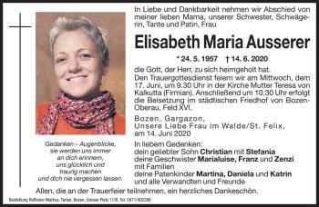 Traueranzeigen Von Elisabeth Maria Ausserer Trauer Bz