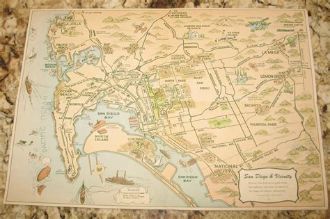 Original Vintage 1940s Map San Diego City And County Lowell E Jones