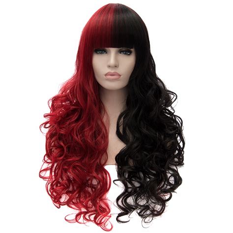 Curly Wavy Fluffy Long Hair Full Wig Blackandred Mixed Cosplay Costume