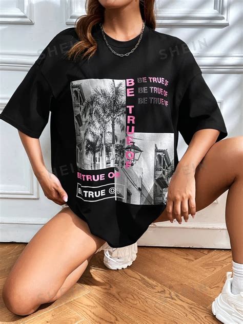 SHEIN EZwear Building Slogan Graphic Drop Shoulder Tee BE TRUE OF BE