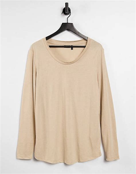 Asos Design Longline Long Sleeved T Shirt With Scoop Neck In Beige Linen Asos