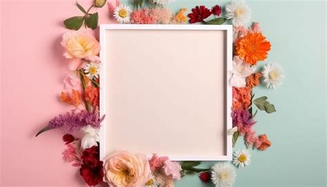 Un Marco Con Flores Sobre Un Fondo Rosa Y Azul Foto Premium