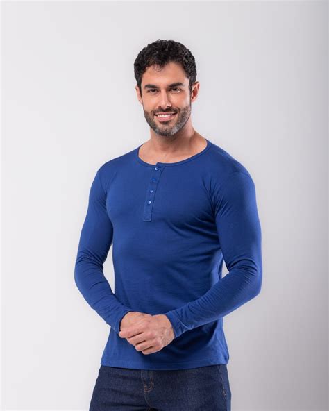 Camisa Henley Manga Longa Azul Royal Algodão Pima Barão Alpha