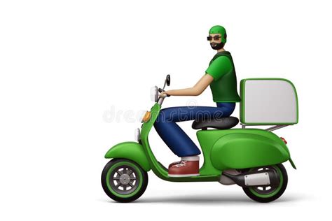 Delivery Man Riding A Motorcycle With Delivery Box 3d Rendering Stock