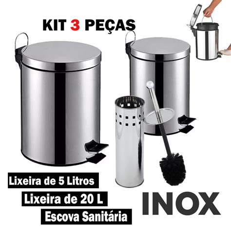 Kit Lixeira E Escova Sanitária - Kit Lixeira Aço Inox 3 Peças 20 E 5l + Escova Sanitária Kala ...