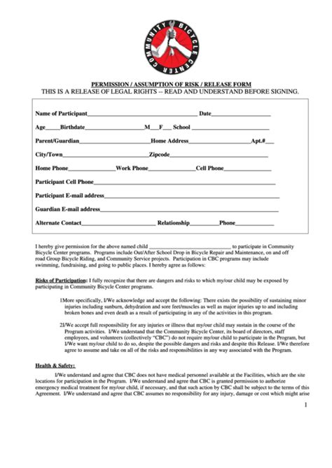 Fillable Permission Assumption Of Risk Release Form Printable Pdf