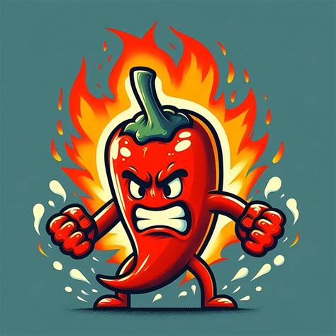 Fiery Hot Pepper Cartoon Character With Flames And Angry Expression