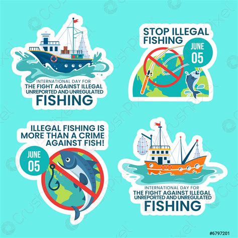 Illegal Against Fishing Label Flat Cartoon Hand Drawn Templates