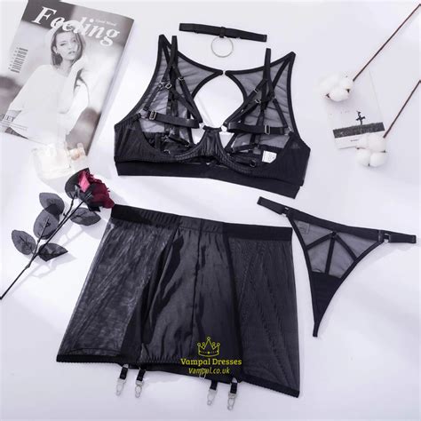 Black Lingerie Set Choker Underwear Set Gothic Fancy Set Sleepwear Black Red Piece Mesh