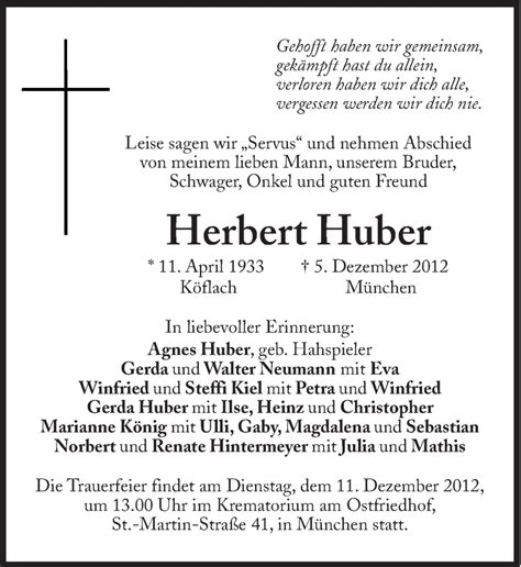 Traueranzeigen Von Herbert Huber Sz Gedenken De