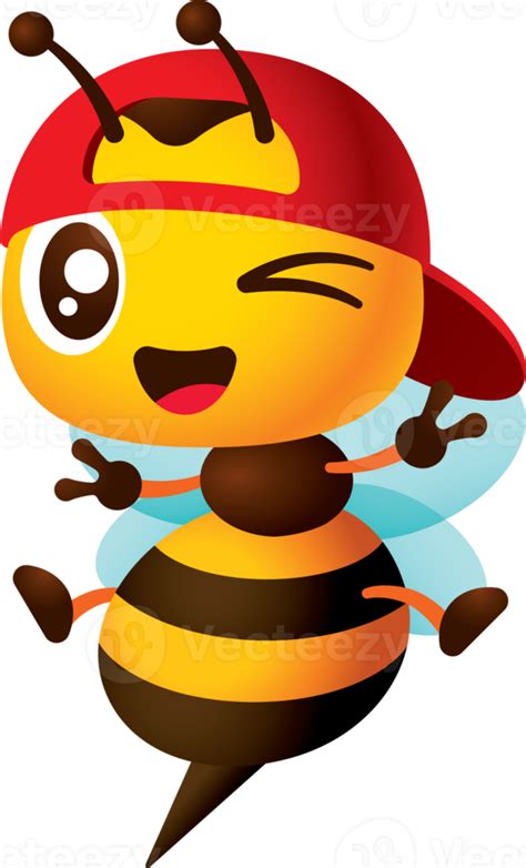 Cute Worker Bee Cartoon Wearing Red Baseball Cap Showing Peace Or