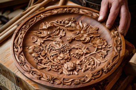 Wood Carver Showing Carved Floral Wooden Plate In Workshop Stock