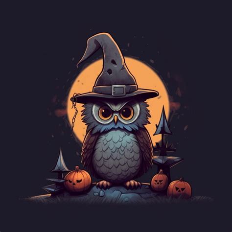 Premium Ai Image Cartoon Owl Wearing A Witch Hat Sitting On A Rock