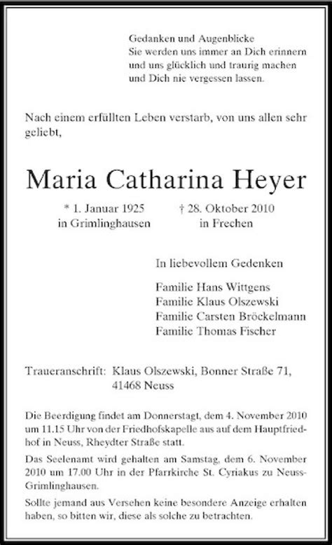 Alle Traueranzeigen für Maria Catharina Heyer trauer rp online de