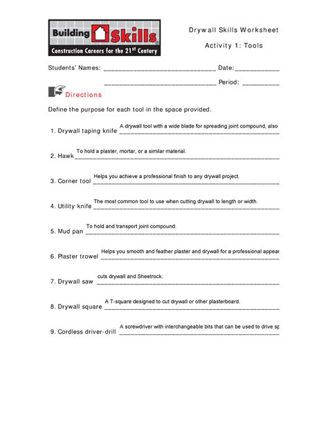 Drywall Skills Tool Identification Worksheet Students Names