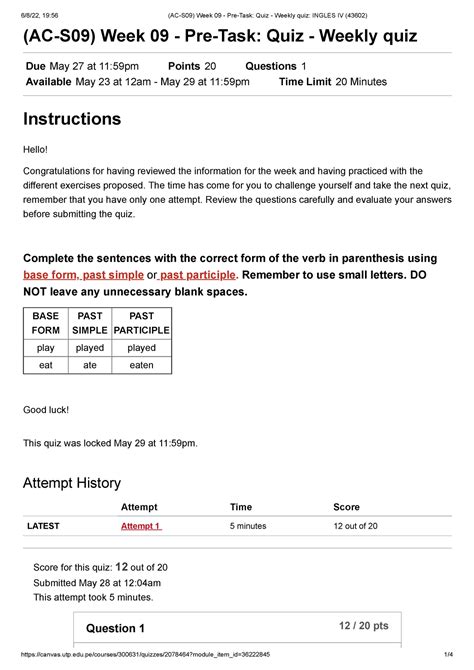 Ac S Week Pre Task Quiz Weekly Quiz Ingles Iv Ac