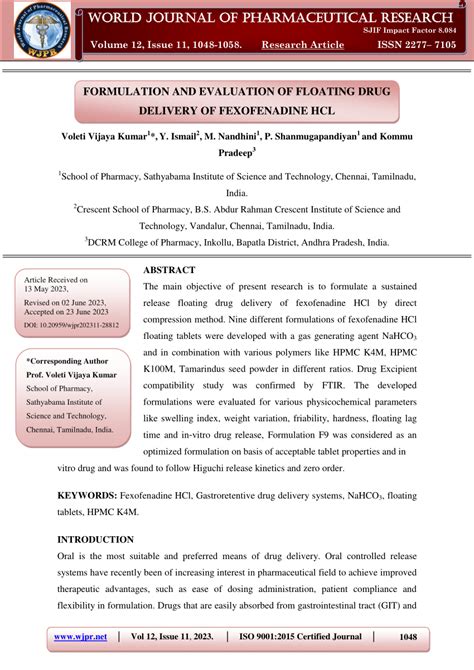 PDF FORMULATION AND EVALUATION OF FLOATING DRUG DELIVERY OF