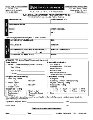 Fillable Online Employer Authorization For Treatment Form Grand View