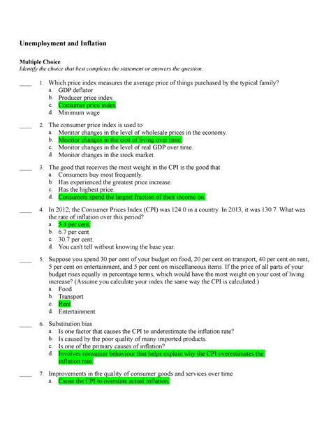 MCQ Unemployment Inflation Unemployment And Inflation Multiple Choice