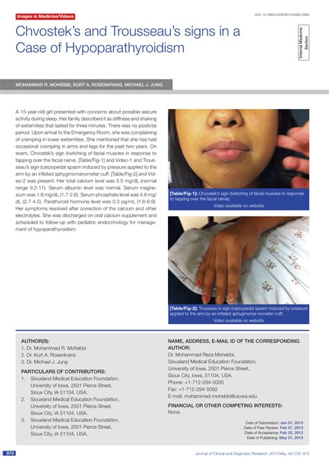 Pdf Chvostek S And Trousseau S Signs In A Case Of Hypoparathyroidism