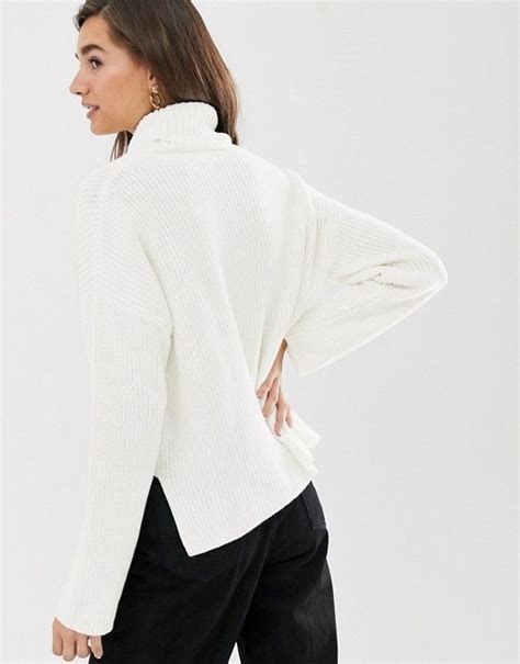 Monki Ribbed Roll Neck Oversized Sweater In Off White Asos Roll