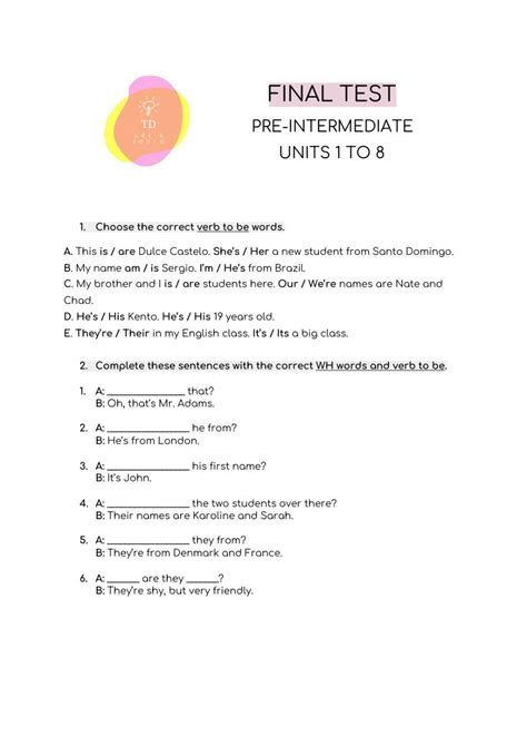 Final Test Pre Intermediate 1 8 Online Exercise For Live Worksheets