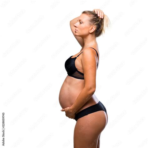 Blonde Pregnant Woman In Underwear On Isolated White Background Stock Photo Adobe Stock