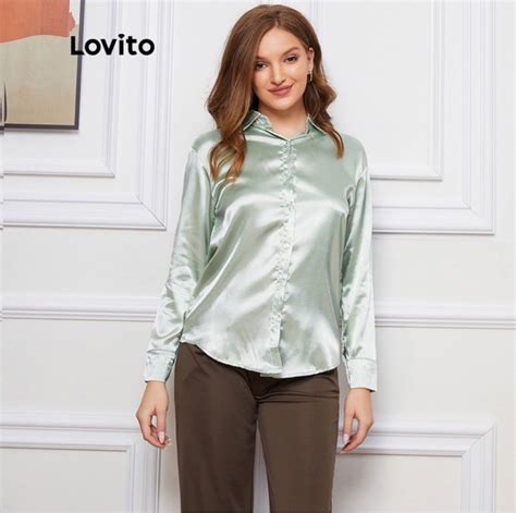 Lovito Casual Plain Satin Buttons Blouses Green Women S Fashion