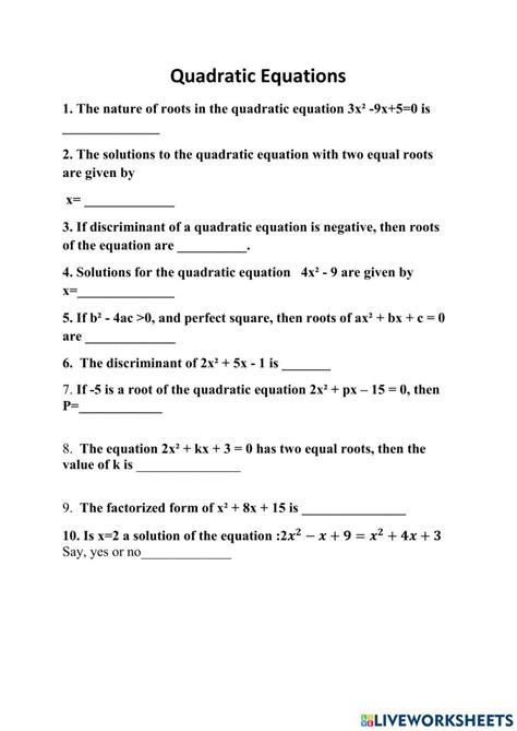 Quadratic Equations Live Worksheets