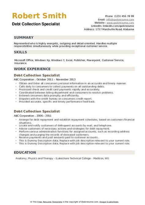 Debt Collection Manager Resume Example Myperfectresume