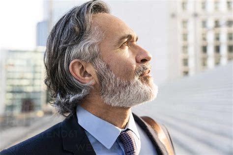 Mature Businessman With Beard And Gray Hair On Sunny Day Stock Photo