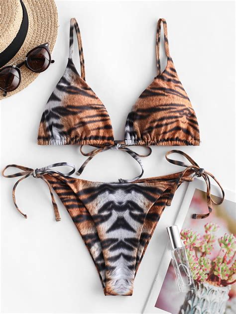 67 OFF 2020 ZAFUL Tiger Print Tie Side String Bikini Swimsuit In