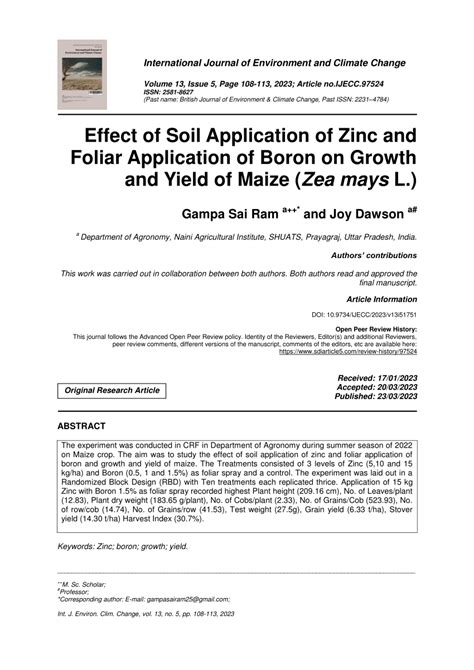 PDF Effect Of Soil Application Of Zinc And Foliar Application Of