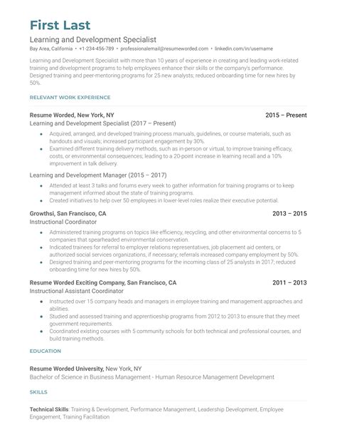 Learning And Development Resume Examples For 2023 Resume, 59% OFF