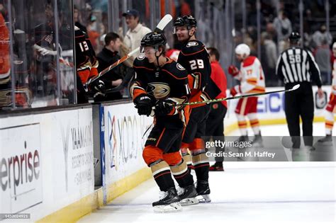 Trevor Zegras Of The Anaheim Ducks Hits His Stick On The Boards After