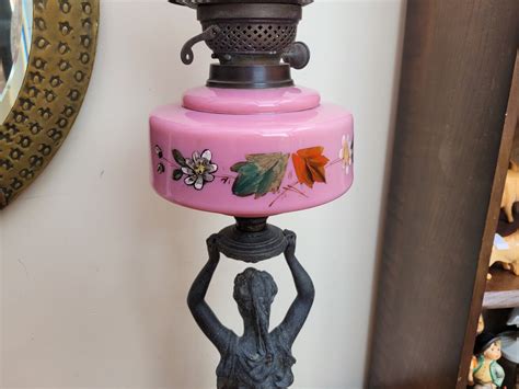 Victorian Figural Oil Lamp Pink Font Tulip Shade Grecian Lady Duplex