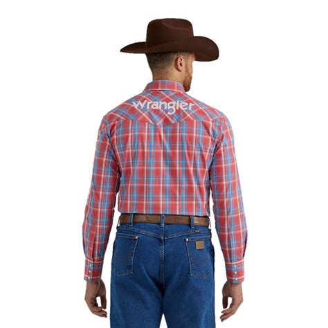 Mens Wrangler® Logo Redblue Plaid Long Sleeve Western Snap Shirt El