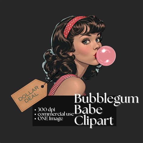 Bubblegum Babe Clipart Rockabilly Retro Woman Image Vintage 50s Girl Graphic Chewing Gum PNG