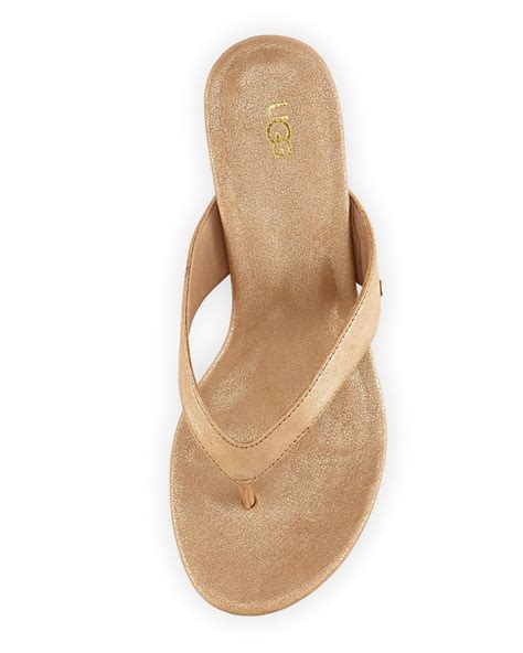 Lyst Ugg Natassia Cork Thong Wedge Sandal Gold Washed In Metallic