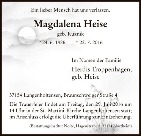 Traueranzeigen Von Magdalena Heise Trauer Hna De