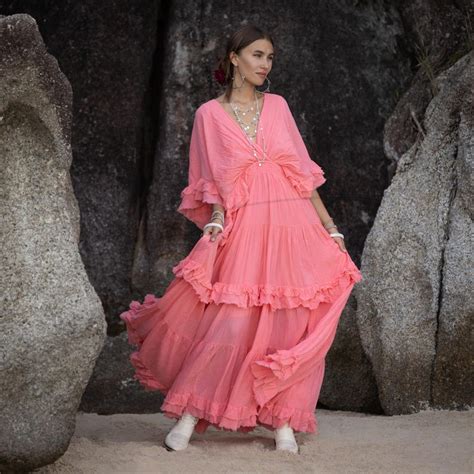 Coral Sunrise Boho Wedding Dress Plus Size Cotton Maxi Gown Beata Etsy