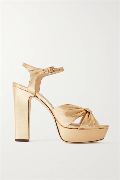 JIMMY CHOO Heloise 120 Knotted Metallic Leather Platform Sandals Gold