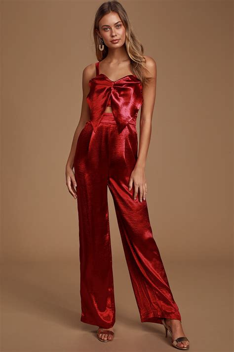 Cute Wine Red Satin Jumpsuit Cutout Jumpsuit Wide Leg Jumpsuit Lulus