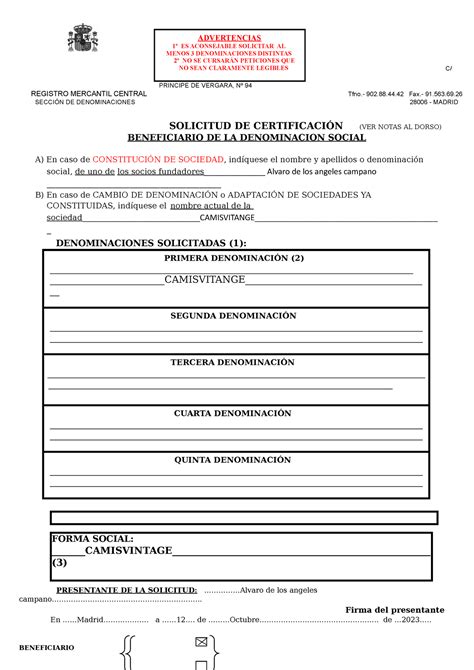 Modelo Certificaci N Negativa Del Nombre De La Sociedad C