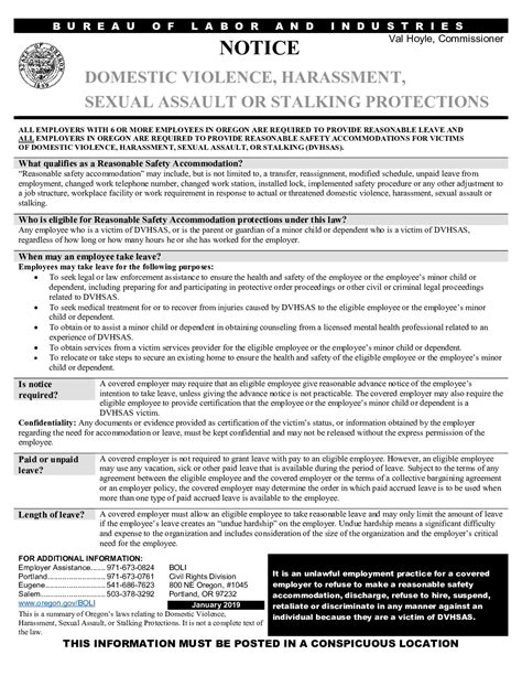 Free Oregon Domestic Violence Harassment Protections Labor Law Poster 2021