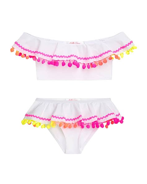 Stella Cove Girl S Neon Ric Rac Pompom Ruffle Two Piece Bikini Set Size Neiman Marcus