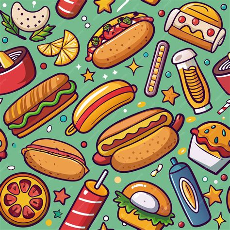 Premium Vector | Seamless Pattern with Cartoon Hot Dogs Burgers and