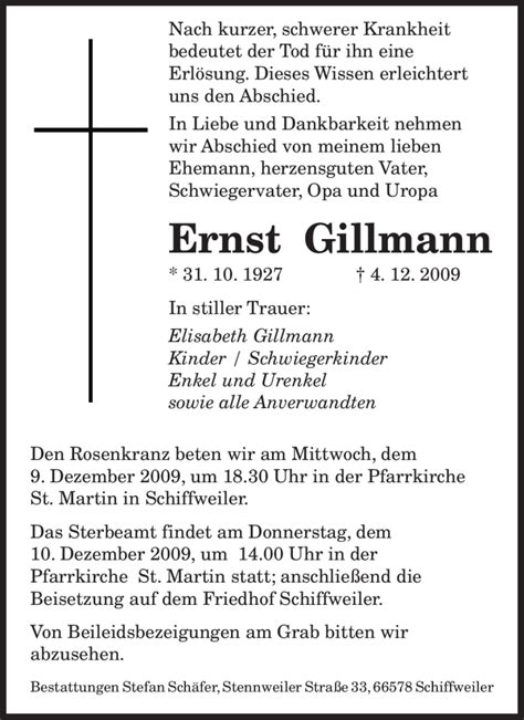 Traueranzeigen Von Ernst Gillmann Trauer De