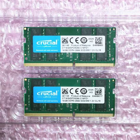 動作品Crucial DDR4 2666 32GB16GB 2枚 PC4 21300 SO DIMM Micron純正メモリ 動作確認